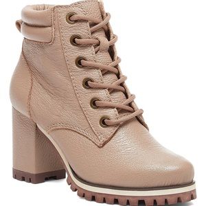 KELSI DAGGER Trek Taupe Leather Lace-up Combat Block Heel Bootie
